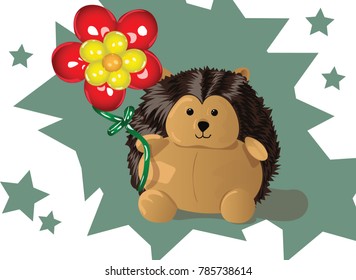 plush hedgehog with a balloon in the shape of a flower