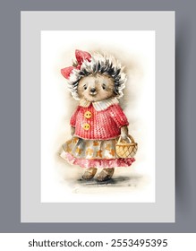 Plush hedgehog doll with woman dress holding basket in hand on poster. Watercolor artwork. Wall art with toy hedgehog doll in retro style for school-age children, in frame with decor for print