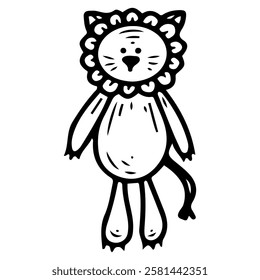 Plush lion. Hand drawn doodle. Comforter for newborn. Soft toy for baby. Textile cute item for children. Vector line art illustration.