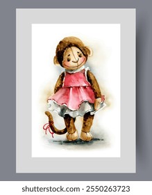 Muñeca de mono de felpa vestida con vestido rosa de niña en el arte de la pared. Imprimir con muñeca de mono sonriente con amplia sonrisa y cola larga, en marco con decoración para póster