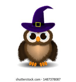 Plush owl in hat on isolated background with shadow, owl pattern for Halloween, vector illustration