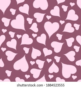 Plush pink hearts on a pink background. Seamless patterns for Valentine's day or wedding. For textiles, postcards, wallpapers and backgrounds. Vector illustration.