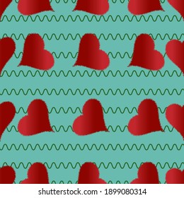 Plush red hearts on a green wave line background. Festive background for Valentine's Day. Holiday elements for 14 February. Vector.