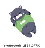 Plush stuffed cat, soft toy. Cute sleeping kitten character, lying asleep, relaxing, dreaming. Funny kitty, feline animal in t-shirt. Kids flat vector illustration isolated on white background