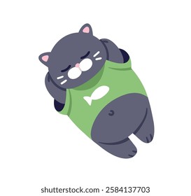 Plush stuffed cat, soft toy. Cute sleeping kitten character, lying asleep, relaxing, dreaming. Funny kitty, feline animal in t-shirt. Kids flat vector illustration isolated on white background