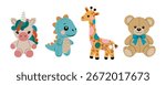 Plush stuffed toys set. Cute soft animals. Fluffy teddy bear, giraffe, unicorn, dinosaur. Kid childish plushie for playing game. Nursery flat vector illustrations isolated on white background