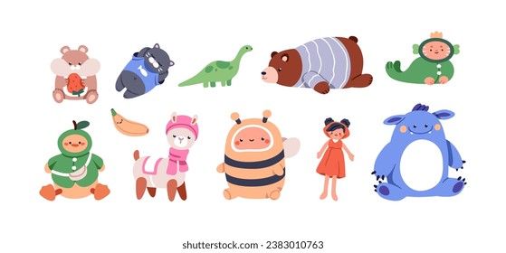 Plush stuffed toys set. Cute soft animals, dolls. Fluffy teddy bear, dinosaur, bee, cat. Kawaii kid childish plushie for playing game. Nursery flat vector illustrations isolated on white background