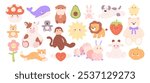Plush stuffed toys. Textile animals, fabric avocado pumpkin heart mushroom sunny flower. Funny bear monkey cow koala whale, racy vector clipart