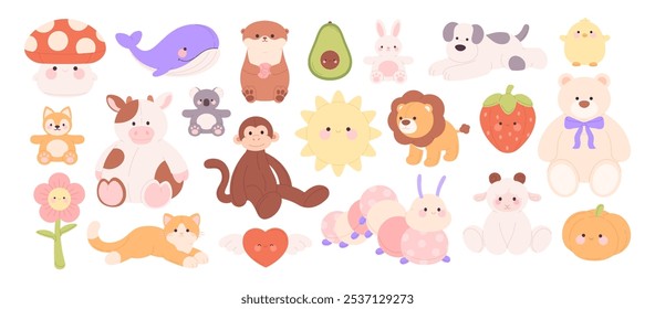 Plush stuffed toys. Textile animals, fabric avocado pumpkin heart mushroom sunny flower. Funny bear monkey cow koala whale, racy vector clipart