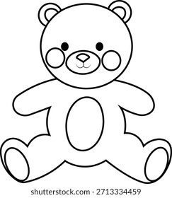 Personaje de oso de peluche de felpa. Diseño de dibujos animados de oso de juguete sentado. Icono de Ilustración vectorial blanco y negro mínimo. página de libro para colorear de contorno de oso de peluche