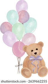 Plush teddy bear holding colorful party balloons. Perfect for baby shower cards, nursery art, and joyful children’s invitations.