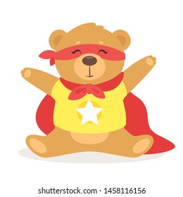 Plush teddy bear superhero vector illustration. Children, baby cute adorable toy. Stuffed, cuddly, fuzzy woodland creature flat concept. Nice fluffy little hero plushy cartoon character