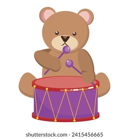 Plush toy bear with drum. Children toy teddy bear with drum. Vector Vector children illustration