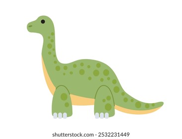 Conceito de brinquedo de pelúcia. Dinossauro verde alto. Dino fofo bonito. Um animal bem macio para crianças. Entretenimento e diversão. Cartaz ou banner. Ilustração de vetor plano isolada no plano de fundo branco