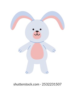 Concepto de juguete de peluche. Conejo blanco. Lindo conejito de peluche. Bastante suave animal para los niños. Pegatina para redes sociales y mensajeros. Ilustración vectorial plana aislada sobre fondo blanco