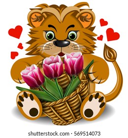 Plush toy lion with a basket of tulips on a blank background