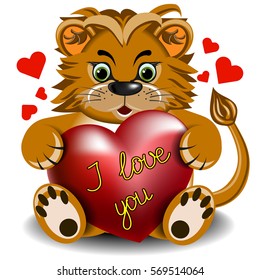 Plush toy lion with a scarlet heart on a blank background