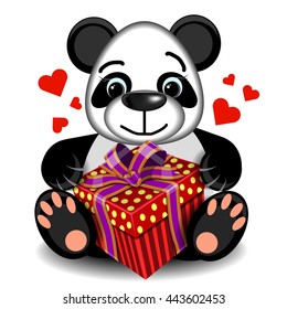 plush toy love Panda with gift box on a blank background