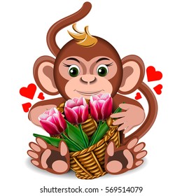 Plush toy monkey with basket of tulips on a blank background