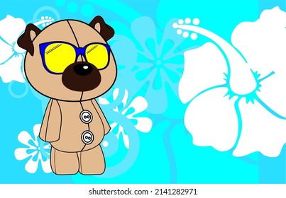 plush toy pug dog character cartoon tropical summer background illustration in vector format