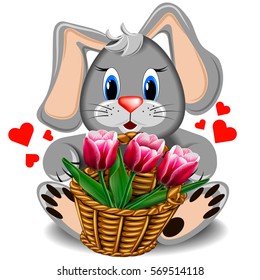 Plush toy rabbit with basket of tulips on a blank background