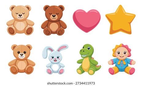 Plush toy vector icons with teddy bears, soft heart, yellow star, white bunny, cute baby graphics for gift design projects