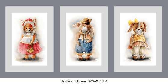Plush toys in form of dog and donkey or fox, on watercolor posters with cute animals in retro style. Plush toys from last century for interior design of antique store or children room