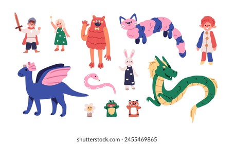 Plush toys, kindergarten set. Funny cute soft stuffed puppets, dolls, animals. Nursery dragon, monster, clown, cat, fairytale character. Kids flat vector illustration isolated on white background