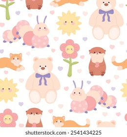 Juguetes de peluche sin patrón. Animales de juguete textil mullido, flor y soleado. Plantilla de impresión de tela infantil, diseño para envolver o Fondo de pantalla, fondo de Vector picante