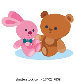 plush toys teddy bear and bunny, flat, isolated object on a white background, vector illustration, eps