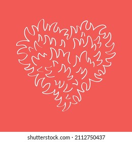 Plushe, fluffy fur, plumage feathers, or blooming flower petals heart shape hand drawn doodle line style vector illustration, tender romantic love symbol.