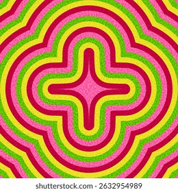 Plus-shaped symbol in pink, red, green, and yellow concentric contours on textured background. Vector illustration.