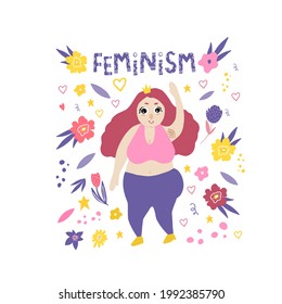 The plus-size girl is happy. A stylish plump girl with a crown says hello. Feminism. Doodle style. The body is positive. Flat doodle style. A fat woman enjoys life.