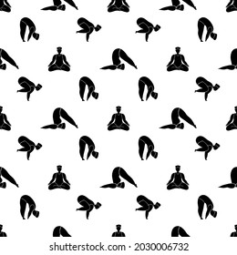 Plus-size woman doing yoga exercises.Vector seamless pattern with female character in different asanas and poses isolated on a white background. 