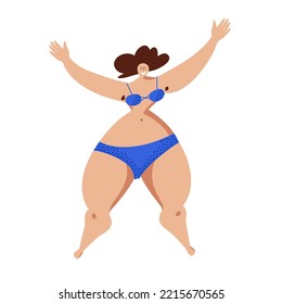 A plus-size woman dressed in swimwear. Body positive. Illustration of a happy Caucasian girl in a flat style. An attractive overweight lady. Female cartoon character.