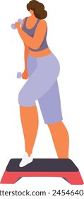 Plussize woman exercising, lifting weights, engaging fitness. Curvy female character workout, healthy lifestyle graphic. Fitness motivation illustration, overweight woman active gym exercise