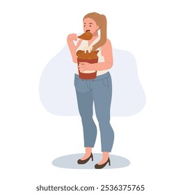 A plus-size woman is happily enjoying her fast food meal. 