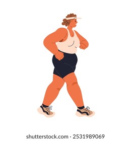 Mulher do tamanho de uma jogging, andando. Mulher corre com corpo gordo. Exercício cardíaco ativo, treinamento de resistência, exercícios físicos. Atividade saudável. Ilustração de vetor plano isolada no plano de fundo branco