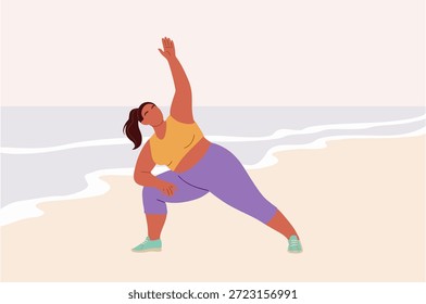 Além de mulher tamanho praticando ioga de prancha lateral em uma praia serena com cores pastel macias. Ilustração de vetor plana minimalista moderna