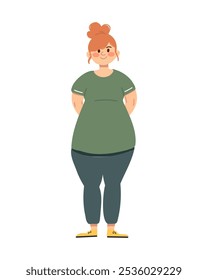 Plus-size woman ready for a workout, in colorful sportswear, friendly illustration style