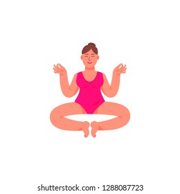 A plus-size woman sits in a lotus position. A plus-sized woman sits in a meditative posture. Vector illustration in cartoon style.