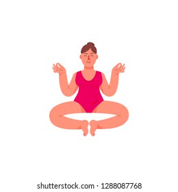 A plus-size woman sits in a lotus position. A plus-sized woman sits in a meditative posture. Vector illustration in cartoon style.