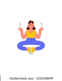 A plus-size woman sits in a meditation position with a fork and knife in her hands. Fat woman in jeans, T-shirt and sneakers. Vector illustration in cartoon style.