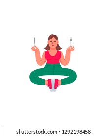 A plus-size woman sits in a meditation position with a fork and knife in her hands. Fat woman in jeans, T-shirt and sneakers. Vector illustration in cartoon style.