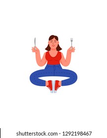 A plus-size woman sits in a meditation position with a fork and knife in her hands. Fat woman in jeans, T-shirt and sneakers. Vector illustration in cartoon style.