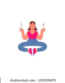 A plus-size woman sits in a meditation position with a fork and knife in her hands. Fat woman in jeans, T-shirt and sneakers. Vector illustration in cartoon style.