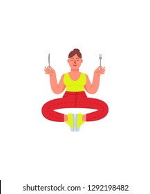 A plus-size woman sits in a meditation position with a fork and knife in her hands. Fat woman in jeans, T-shirt and sneakers. Vector illustration in cartoon style.