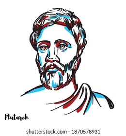 Plutarch engraved vector portrait with ink contours on white background. Greek Middle Platonist philosopher, biographer, essayist, and priest at the Temple of Apollo.