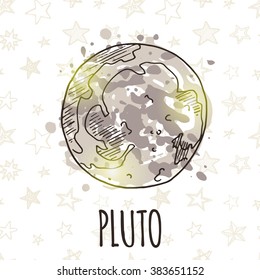 Pluto. Colorful doodle planet card. Hand drawn vector illustration. T-skirt, poster, banner, card.