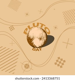 Pluto Day event banner. A planet Pluto with bold text and elements on light brown background to commemorate on February 18